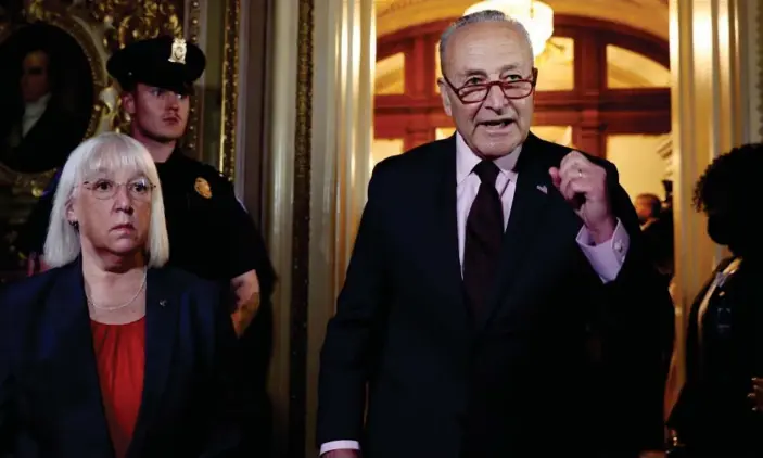  ?? Photograph: Michael Reynolds/EPA ?? Senator Patty Murray and the Senate majority leader, Chuck Schumer, speak to press after the abortion vote.