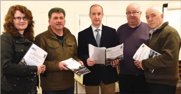  ?? Photo by Michelle Cooper Galvin ?? Dr Brendan O’Keeffe Mary Immaculate College (centre) presenting his report on Milltown Demographi­c and Socio-Economic Profile with (left to right) Amanda McAllister, Cllr Michael O’Shea Mayor of Kerry, Michael McCarthy and Paul O’Raw at Milltown on...