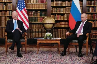  ?? The Associated Press ?? President Joe Biden meets with Russian President Vladimir Putin on June 16 in Geneva, Switzerlan­d. Biden and Putin are scheduled to speak today as the Russian leader has stepped up his demands for security guarantees in Eastern Europe.