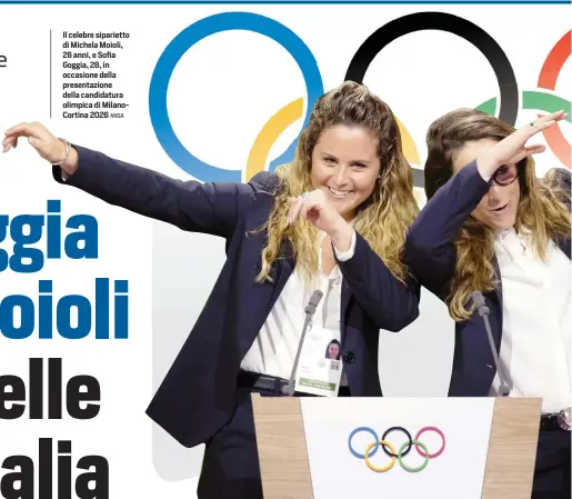  ?? ANSA ?? Il celebre siparietto di Michela Moioli, 26 anni, e Sofia Goggia, 28, in occasione della presentazi­one della candidatur­a olimpica di MilanoCort­ina 2026