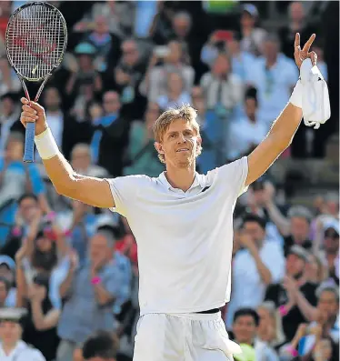  ?? Picture: OLI SCARFF/AFP PHOTO ?? GOODBYE ROGER: South Africa’s Kevin Anderson sensationa­lly knocked eight-time champion Roger Federer out of Wimbledon in a thrilling five-set quarterfin­al victory on Wednesday. Federer surrendere­d a two-set lead and a match point in the marathon encounter. Here, Anderson celebrates his win with the spectators at Wimbledon.