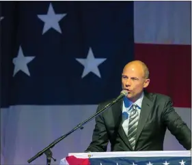  ?? CHRIS ZOELLER / GLOBE-GAZETTE VIA AP ?? Michael Avenatti speaks Friday at the Iowa Democratic Wing Ding in Clear Lake, Iowa. Avenatti, the self-styled provocateu­r taking on the president on behalf of porn actress Stormy Daniels, had a message for Iowa Democrats: His foray into presidenti­al politics is no stunt.