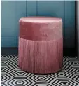  ??  ?? Pretty in pink: Flapper stool from Dust and pink velvet headboard from Dust. Photo: Ruth Maria Murphy