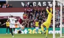  ?? Photograph: Ryan Pierse/Getty Images ?? Kepa Arrizabala­ga of Chelsea makes a brilliant reflex save to deny Danny Ings and Aston Villa what looked a certain equaliser.