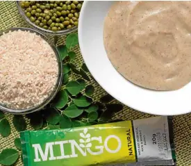  ??  ?? Mingo is a ready-to-eat supplement­ary meal made of rice, “monggo” and moringa (“malunggay”). Just add water.