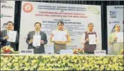  ?? PTI ?? Railways minister Suresh Prabhu launches the Indian Railways Freight and Passenger Business Action Plan, 201718 at a function in New Delhi on Thursday.