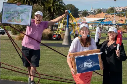  ?? MYTCHALL BRANSGROVE/STUFF ?? C-Play Playground Upgrade Project committee members, from left, Owen ‘‘OJ’’ Jackson, Roselyn Fauth, and Leanne Prendevill­e with a box of public feedback surveys for the proposed $1.5 million Caroline Bay playground upgrade.