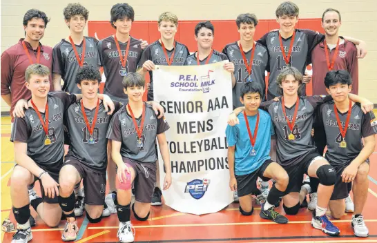  ?? JASON SIMMONDS • THE GUARDIAN ?? The Colonel Gray Colonels defeated the Bluefield Bobcats 3-2 in a P.E.I. School Athletic Associatio­n Senior AAA Boys Volleyball League gold-medal match at Charlottet­own Rural High School on Nov. 12. Scores were 25-16, 25-15, 19-25, 20-25 and16-14. Members of the Colonels are, front row, from left, Nathan Whitnell, Desmond Cunniffe, Seth Gauthier, Miki Bain, Dalton Scales and Eric Huang. Back row, from left, are Tristan Atkins (assistant coach), Robbie Douglas, Zach Harris, Jonah Murphy, Brayden Bruce, Jonah Bowie, Alex Nicholson and Max Arsenault (head coach).