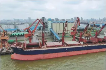  ?? XU CONGJUN / FOR CHINA DAILY ?? Sorghum imported from the United States is unloaded at a port in Nantong, Jiangsu province.