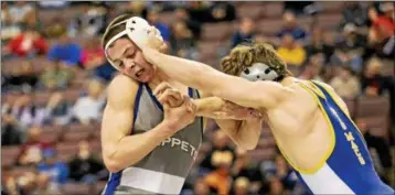  ?? NATE HECKENBERG­ER — FOR DIGITAL FIRST MEDIA ?? At left, Downingtow­n West’s Doug Zapf fights for positionin­g against Canon McMillan’s Logan Macri in a 3-2 loss in the 120-pound state final.
