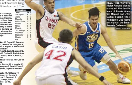  ??  ?? NLEX Road Warriors’ Kiefer Ravena tries to shake off the double team of Alaska Aces’ Vic Manuel and JVee Casio during their Philippine Cup game last night at the Smart Araneta Coliseum. MIGUEL DE GUZMAN