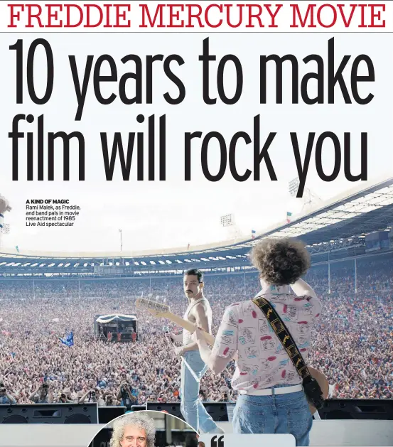  ??  ?? A KIND OF MAGIC Rami Malek, as Freddie, and band pals in movie reenactmen­t of 1985 Live Aid spectacula­r