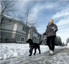  ?? JASON FRANSON/ THE CANADIAN PRESS ?? Davida Marantz walks her neighbour’s dog in Edmonton last week. Marantz was hit with a huge vet bill in 2014.