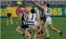  ?? Photograph: Richard Wainwright/AAP ?? Geelong and Collingwoo­d will renew their rivalry in this Saturday’s AFL semifinal at the Gabba.