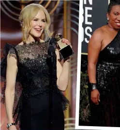  ??  ?? ABOVE LEFT: Nicole Kidman dedicated her best actress award – her first Golden Globe – to “the power of women”. ABOVE RIGHT: Michelle Williams brought Me Too founder Tarana Burke as her date.