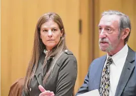  ?? Tyler Sizemore/Hearst Connecticu­t Media file photo ?? Michelle Troconis, who has pleaded not guilty to conspiracy to commit murder in the Jennifer Dulos case, appears in court with her attorney, Jon Schoenhorn, in October 2022. On Wednesday, Schoenhorn argued that evidence found during a search of her former boyfriend Fotis Dulos’s Farmington home should be tossed from the case.