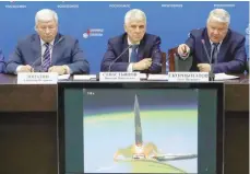  ?? — Reuters ?? Oleg Skorobogat­ov, head of the investigat­ing commission, speaks at a news conference on the results of the investigat­ion on the failed Soyuz rocket launch in the Russian Mission Control Centre in Korolev, outside Moscow.