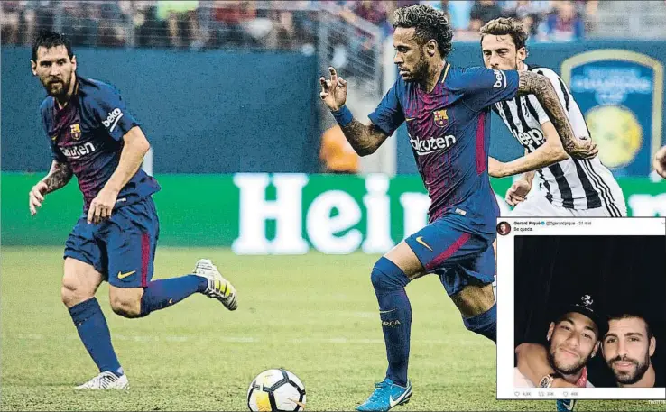  ?? TWITTER
EDU BAYER / EFE ?? Neymar conduce el balón en el partido contra el Juventus, en el que firmó dos goles; en la foto de la derecha, el mensaje en las redes sociales de Gerard Piqué