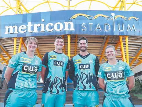  ?? Picture: GETTY IMAGES ?? Brisbane Heat WBBL and BBL players (from left) Sammy-Jo Johnson, Matthew Renshaw, Ben Cutting and Jess Jonassen at Metricon Stadium yesterday for the launch of the Big Bash League season.