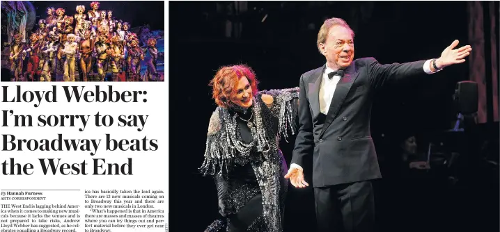 ??  ?? Glenn Close and Lord Lloyd-Webber at the curtain call of Sunset Boulevard. Cats, above left, and School of Rock, left, are also playing on Broadway