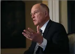  ?? RICH PEDRONCELL­I
THE ASSOCIATED PRESS ?? California's governor at the time, Jerry Brown, speaks during an interview in 2018. A law that Brown spearheade­d, which required corporate boards of directors to include women, has been declared unconstitu­tional — a possibilit­y that Brown acknowledg­ed when he signed the bill creating the law to make a statement during the height of the #MeToo movement.