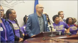  ?? Emilie Munson / Hearst Connecticu­t Media ?? Rob Baril, president of SEIU 1199 New England, stood with nursing home workers who came to the state Capitol in Hartford on May 1, 2019, to renew their threats of a strike.