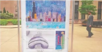  ??  ?? Chicago- themed artwork by young patients is on display at Two North Riverside Plaza downtown, helping to promote Snow City Arts’ gallery night at the School of the Art Institute on Sept. 9.
