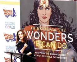  ?? — AFP ?? NEW YORK: Actress Lynda Carter speaks during a ceremony as the UN named the comic character Wonder Woman its Honorary Ambassador for the Empowermen­t of Women and Girls at the United Nations Economic and Social Council Chamber on Friday. Carter played...