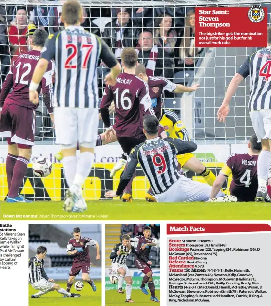  ??  ?? St Mirren............1 Hearts ................ 1
Down but not out
Battle stations
St Mirren’s Sean Kelly takes on Jamie Walker while (far right) Paul McGowan is challenged by Callum Tapping of Hearts
Steven Thompson gives St Mirren a 1-0 lead