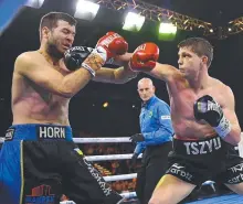  ?? Picture: No Limit Boxing/Gregg Porteous ?? Nikita Tszyu finds a way through Ben Horn’s defence.