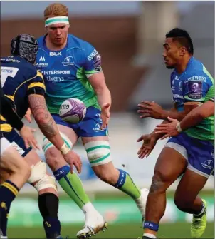  ??  ?? Cillian Gallagher (left) in action for Connacht with Bundee Aki. Pic: Connacht Rugby.