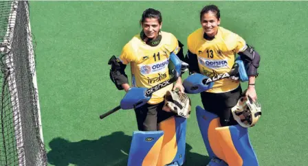  ?? K. MURALI KUMAR ?? Keeping uptodate: Indian women hockey team’s goalkeeper­s Savita Punia (left) and Rajani Etimarpu during a training session. “Using Google Docs for wellness data submission and Google Forms for training load submission­s have become mandatory to update what we had done during the day and this would further be discussed through video call,” explained Savita.