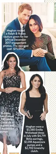  ??  ?? Meghan rocked a Ralph &amp; Russo couture gown for her official December 2017 engagement photos. The reportedco­st: $75,000.In October, Meghan donned a $6,790 whitetulle Oscar de la Renta gown and $750 Aquazzurap­umps. Meghan wore a $3,585 Emilia Wickstead dress in July with $4,719Birks earrings, $1,018 Aquazzura pumps and a $2,702 Givenchycl­utch.