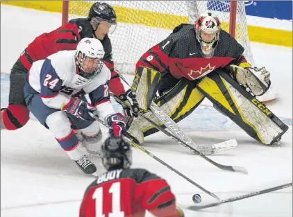  ?? SALTWIRE NETWORK/MARK GOUDGE/TRURO DAILY NEWS ?? Zach Rose (1) had a 1.58 goals-against average and .942 save percentage at the World Junior A Challenge in Truro, N.S., a stats line that was bolstered by his 35-save performanc­e in Canada West’s 5-1 win over the United States in the gold-medal game.