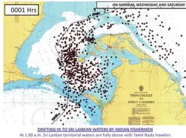  ??  ?? The dots showing the Indian boats poaching in Sri Lankan waters