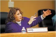 ?? LUIS SÁNCHEZ SATURNO/NEW MEXICAN FILE PHOTO ?? Santa Fe school superinten­dent Veronica García speaks at a school board meeting in 2018. García is running as a Democrat for a Senate seat in Albuquerqu­e, where she owns a home.