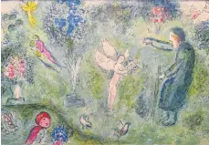  ?? FOTO: ANTJE MERKE ?? Öffnungsze­iten: täglich 10-18 Uhr, Katalog: 15 Euro. Um lange Wartezeite­n zu vermeiden, gibt es einen Reservieru­ngsservice unter der Telefonnum­mer 08382 / 274747850 sowie unter www.lindau.de
„Der Obstgarten von Philetas“ist das Blatt Nummer 16 in Chagalls Künstlerbu­ch „Daphnis und Chloe“. Die Arbeit zeugt von seiner großen Meistersch­aft im Umgang mit der lithografi­schen Technik.