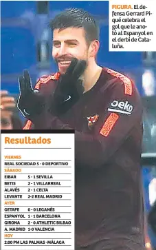  ??  ?? FIGURA. El defensa Gerrard Piqué celebra el gol que le anotó al Espanyol en el derbi de Cataluña.