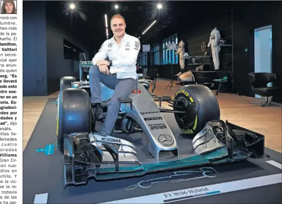  ??  ?? DE ESTRENO. Valtteri Bottas posa ya con los colores y el monoplaza de Mercedes, equipo con el que correrá la próxima temporada.