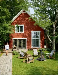  ??  ?? ABOVE: Caroline added a pair of nautical-style sconces to the cottage’s red and white façade. “In the evenings, we like to lounge on the Muskoka chairs and have a glass of wine by the fire,” she says. Muskoka chairs, Costco; outdoor fireplace, Rona.