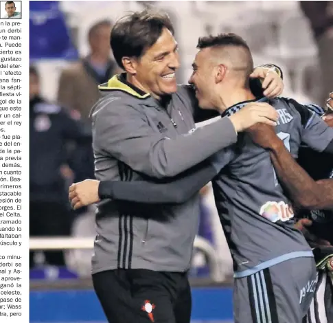  ??  ?? FELICIDAD CELESTE. Iago Aspas se abraza con Berizzo tras conseguir el gol que daría la victoria al Celta en una celebració­n en la que también participan Beauvue y Sergio.