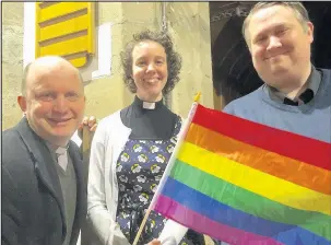  ??  ?? Events are going on in Hinckley as part of LGBT History Month. From left: The Reverend John Whittaker, vicar of St Mary’s; Angela Tarry, curate at St Mary’s; Mathew Hulbert, LGBT rights campaigner from Barwell