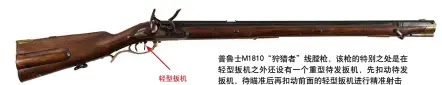  ??  ?? 轻型扳机 普鲁士M1810“狩猎者”线膛枪，该枪的特别之处是在轻­型扳机之外还设有一个­重型待发扳机，先扣动待发扳机，待瞄准后再扣动前面的­轻型扳机进行精准射击