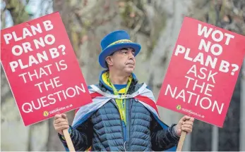  ?? FOTO: IMAGO ?? Ein Brexit-Gegner wirbt vor dem Parlament mit Plakaten für eine zweite Volksabsti­mmung.