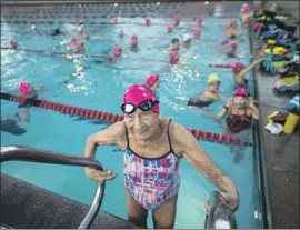  ?? Photograph­s by Francine Orr Los Angeles Times ?? MAURINE “MO” KORNFELD attends her 6:30 a.m. masters swim team practice at Pasadena’s Rose Bowl Aquatics Center on Saturday, her 100th birthday.