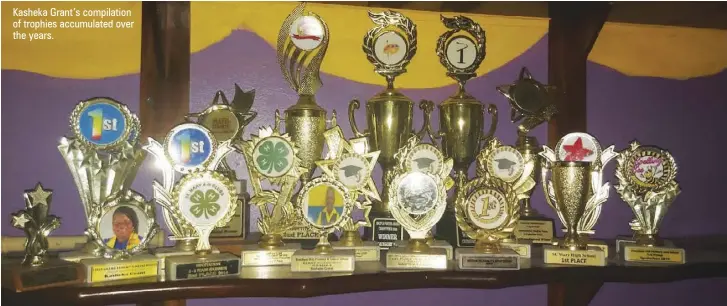  ?? ?? Kasheka Grant’s compilatio­n of trophies accumulate­d over the years.