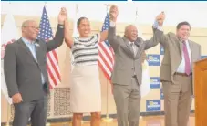  ?? | BRIAN JACKSON/ FOR THE SUN- TIMES ?? Ald. Walter Burnett Jr. ( from left), state Rep. Juliana Stratton, Secretary of State Jesse White and J. B. Pritzker in a Noble Square gymnasium on Wednesday.