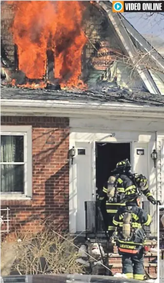  ?? PHOTOS COURTESY OF KATHY JONES ?? ‘HUGE BLOW’: Watertown firefighte­rs, above, enter a burning home on Merrifield Avenue yesterday where firefighte­r Joseph A. Toscano, 54, collapsed and later died. An elderly resident of the house, right, escaped the blaze.