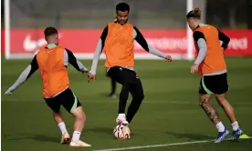  ?? Photograph: Andrew Powell/Liverpool FC/Getty Images ?? Liverpool’s Cody Gakpo (centre) is in contention to face Everton after a knee injury.