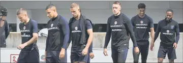  ??  ?? (From left) England’s striker Jamie Vardy, England’s midfielder Jake Livermore, England’s midfielder Jordan Henderson, England’s defender Phil Jones England’s striker Marcus Rashford amd England’s midfielder Raheem Sterling attends a open training...